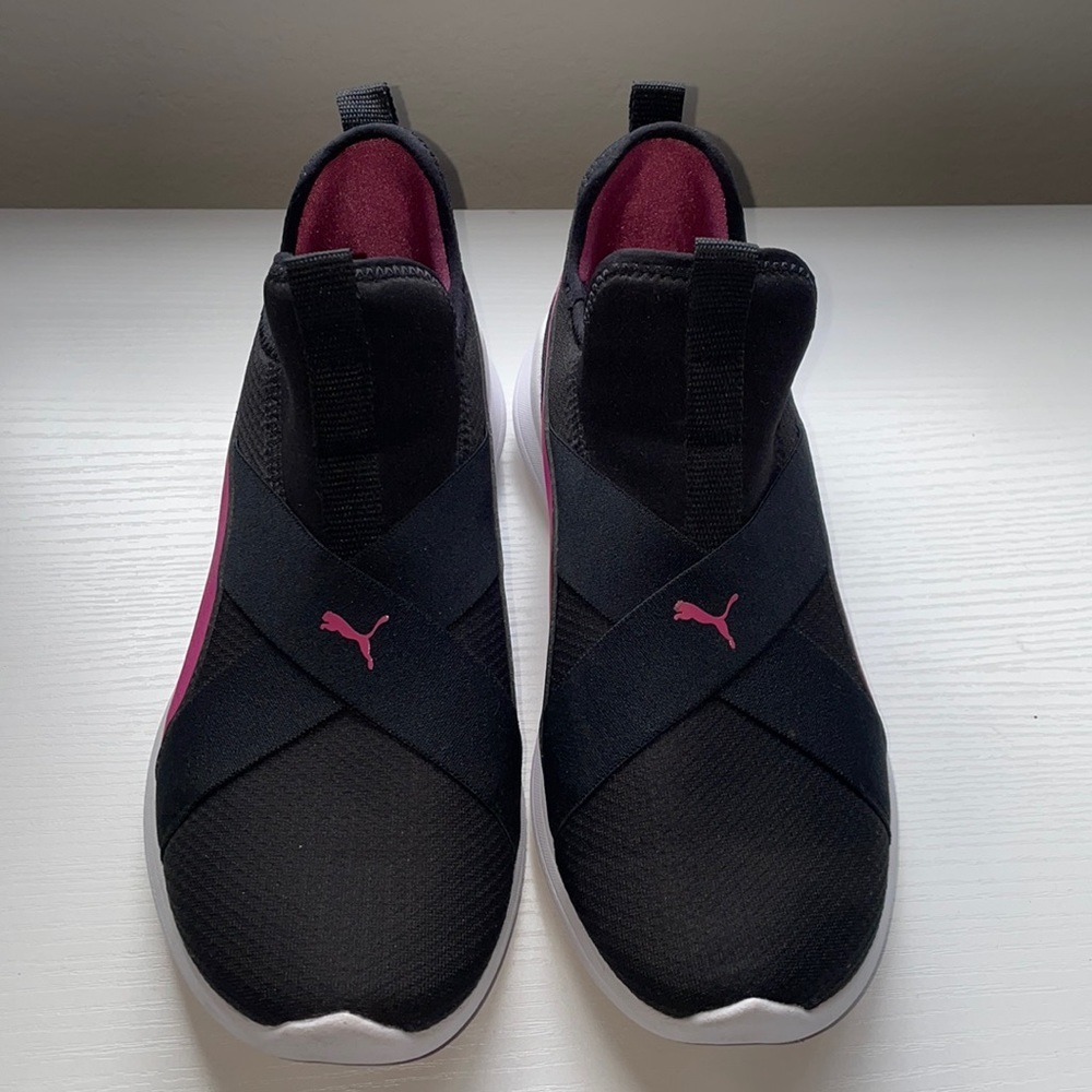 Puma black and purple slip on sneakers
